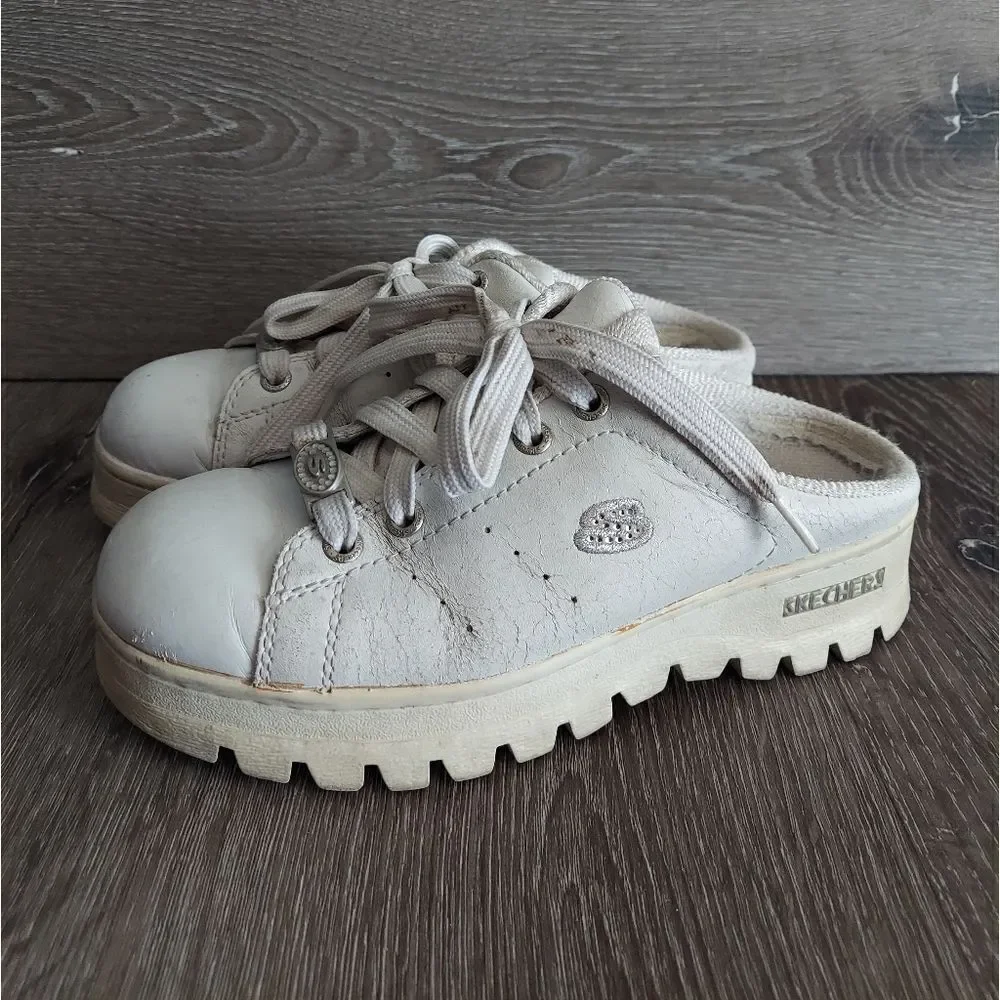 Vintage Y2K Skechers Chunky Platform Mules White Rhinestone Slip-on Sneaker 6